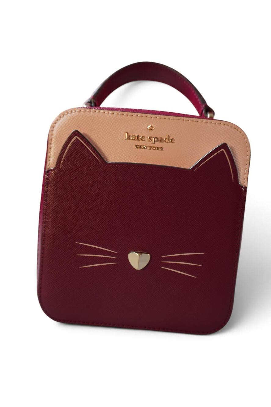 Kate Spade Satchel Bag Womens Small Burgundy Leather Cat Face Top Handle Zip